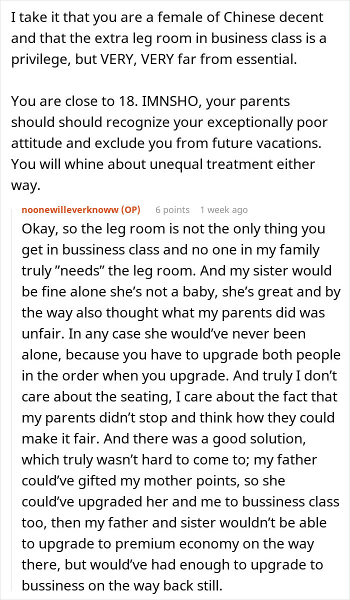 Text conversation discussing family vacation conflict over upgrading one kid to business class while another deals with economy seating. Text conversation discussing family vacation conflict over upgrading one kid to business class while another deals with economy seating.