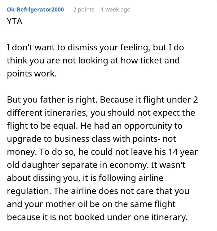 Comment discussing family vacation issue where dad upgrades one kid to business class while the other stays in economy. Comment discussing family vacation issue where dad upgrades one kid to business class while the other stays in economy.