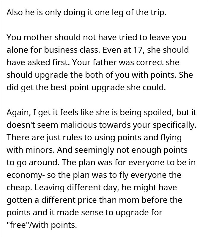 Dad upgrades one kid to business class while other flies economy on family vacation, causing tension among siblings. Dad upgrades one kid to business class while other flies economy on family vacation, causing tension among siblings.