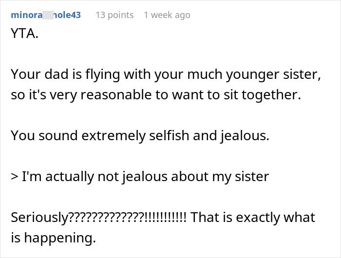 Comment on family vacation conflict, discussing dad upgrading one kid to business class while sibling feels jealous and left out. Comment on family vacation conflict, discussing dad upgrading one kid to business class while sibling feels jealous and left out.