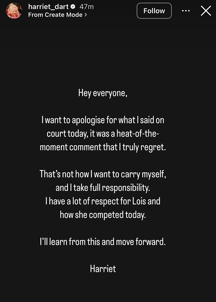 Apology from tennis star Harriet Dart addressing opponent odor comment made during heated match moment.