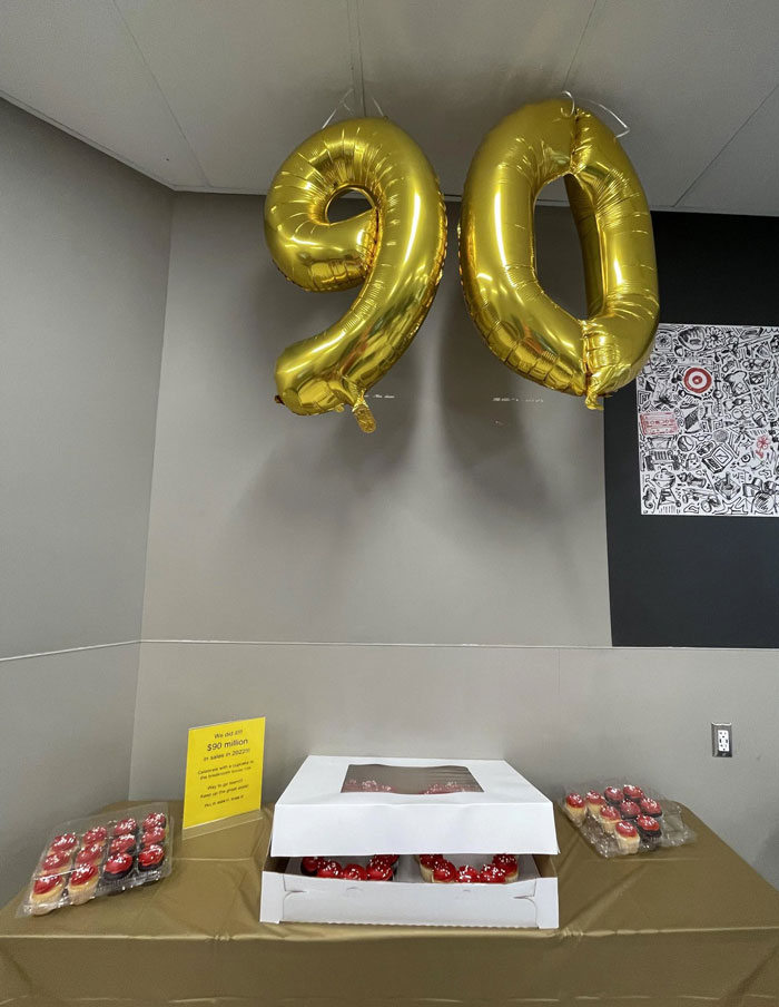 Gold balloons shaped as number 20 hung in a plain office with cupcakes on a table, illustrating toxic work environments.