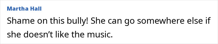 Comment expressing disapproval of Bagpipe Karen, suggesting she leave if she dislikes the music, in a text format.