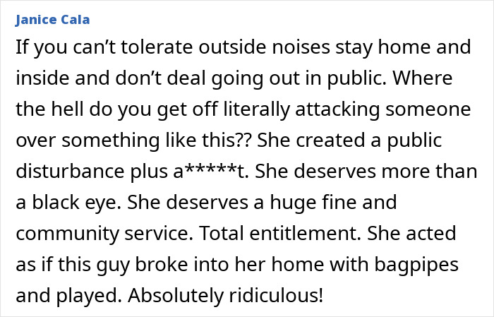 Comment criticizing Bagpipe Karen for violent rage and public disturbance over bagpipe noise in the park.