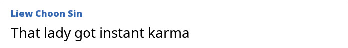 Comment text reading that lady got instant karma in a simple black font on a white background referencing Bagpipe Karen instant karma.