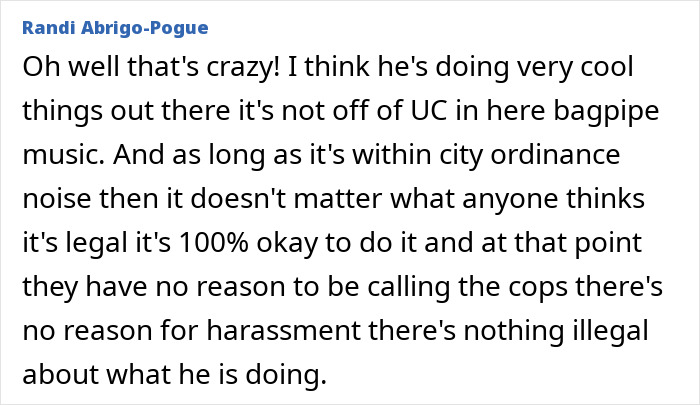 Comment discussing bagpipe music legality and harassment related to Bagpipe Karen&rsquo;s incident in the park.