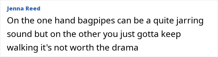 Text about bagpipes and avoiding drama, referencing Bagpipe Karen incident and reacting calmly in a public park setting.