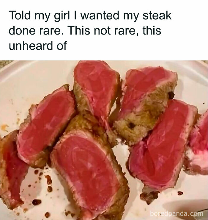 Rare steak slices with an unusual red center, featured in disgusting food pics that might ruin your appetite.