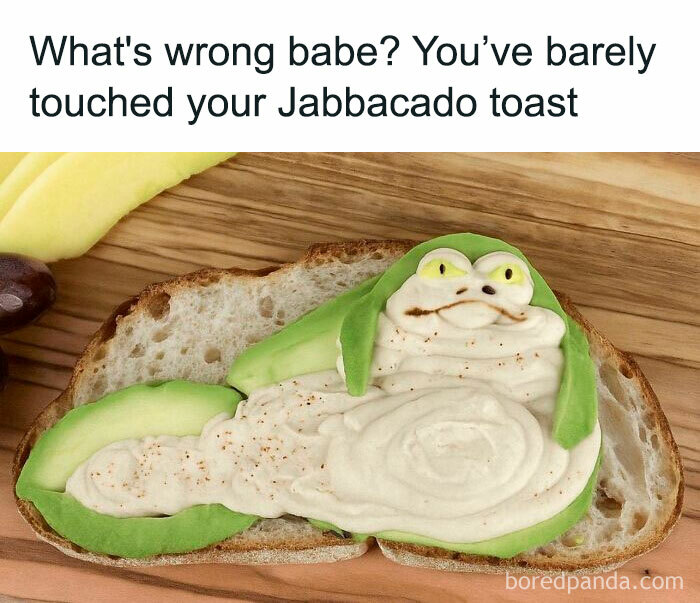 Alt text: Unappetizing toast with cream and avocado designed to look like a Jabba the Hutt figure, a disgusting food pic example.