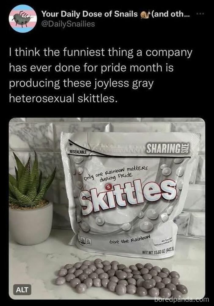 Gray Skittles candy bag with dull, joyless candies spilled on a surface, depicting a disgusting food image.