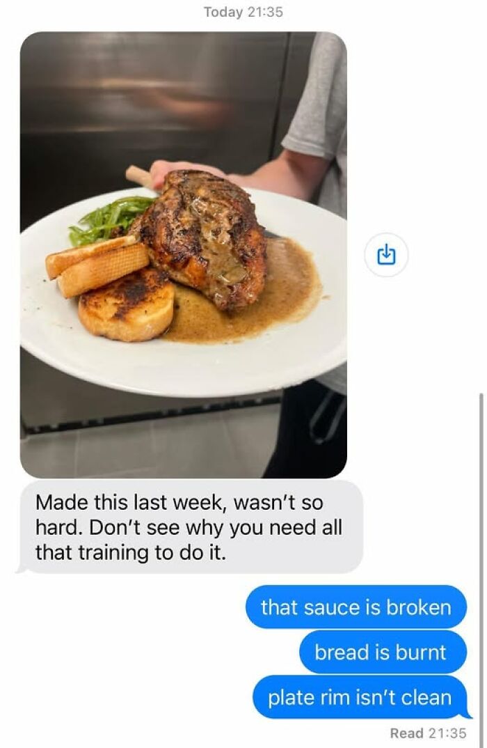 Person holding a plate with burnt bread, broken sauce, and unclean rim in a disgusting food pic.
