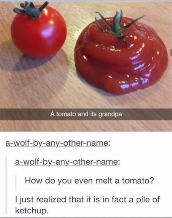 A fresh tomato next to a pile of ketchup shaped like a tomato, illustrating disgusting food visuals.
