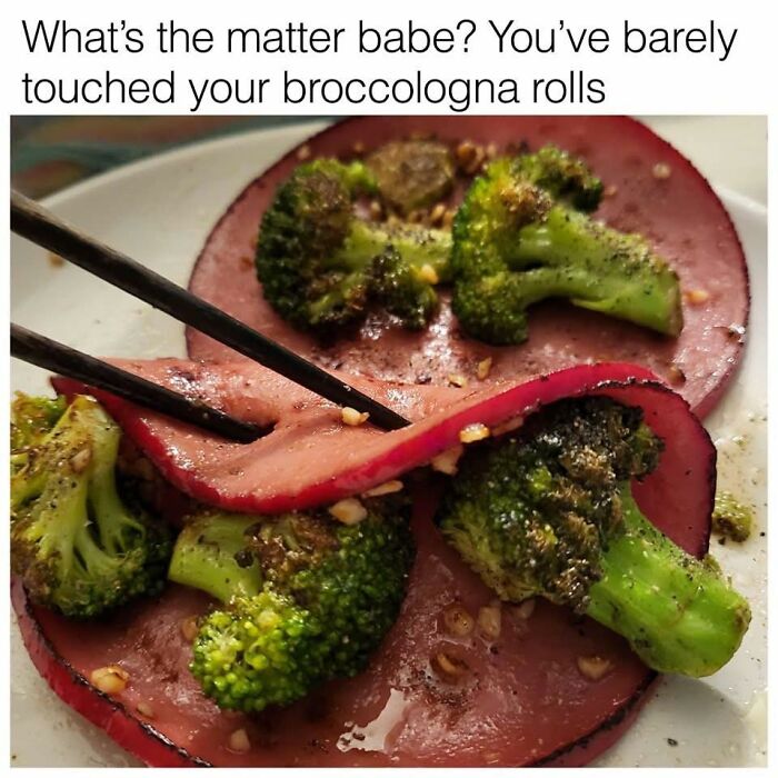 Close-up of disgustingly combined broccoli and meat slices with seasoning, an unappetizing food pic from disgusting food photos.