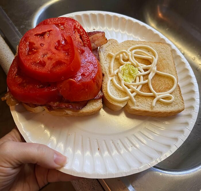 Open-faced sandwich with unevenly sliced tomatoes and strange mayonnaise design on white bread, a disgusting food pic.