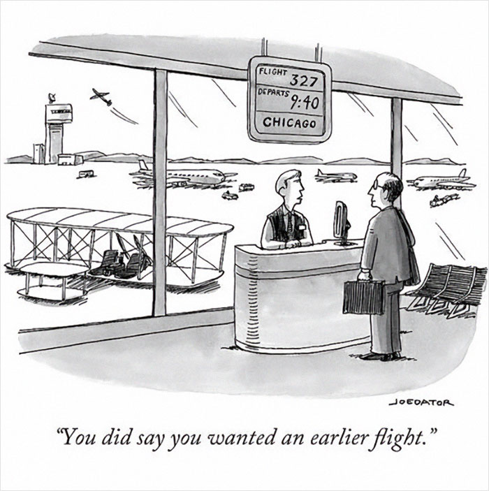 Cartoon at an airport ticket counter showing a customer and agent with vintage and modern airplanes visible outside, reflecting inflated ego.