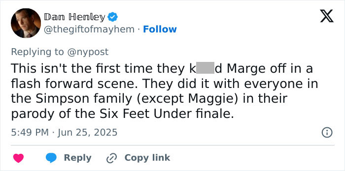 Screenshot of a tweet discussing Marge&rsquo;s death on The Simpsons and referencing other animated character deaths.