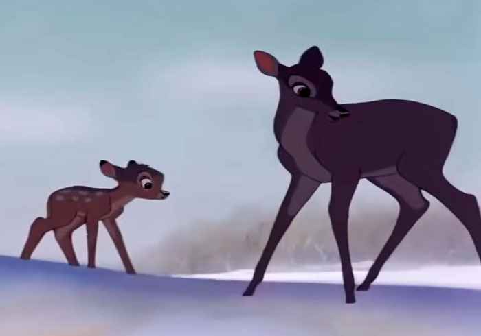 Two animated deer in a snowy landscape, referencing Marge&rsquo;s death on The Simpsons and other animated character deaths.