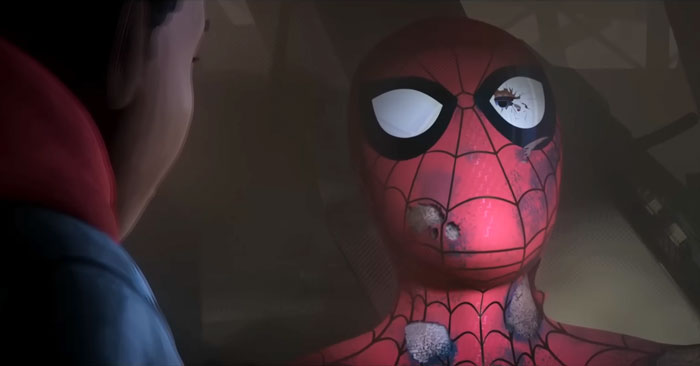 Spider-Man with damaged costume and a person facing him, illustrating animated character deaths including Marge&rsquo;s on The Simpsons.