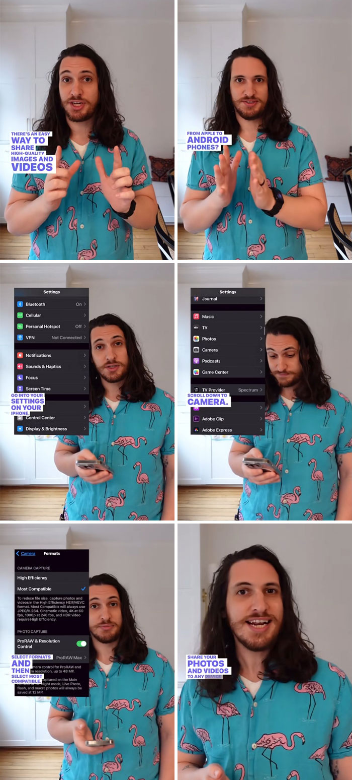 Man in flamingo shirt demonstrating how to share high-quality photos and videos from Apple to Android phones using settings.