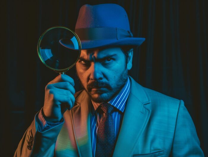 Man in a hat and suit holding a magnifying glass, symbolizing things learned embarrassingly late and close examination.