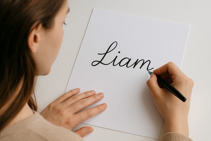 Person practicing calligraphy on white paper, illustrating things learned embarrassingly late in handwriting skills.