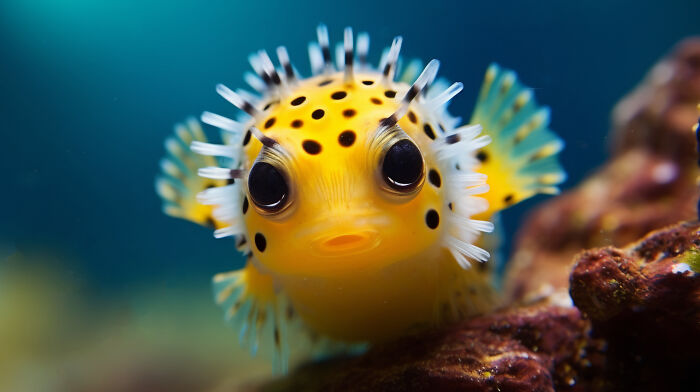 Close-up of a yellow spotted pufferfish underwater, illustrating things learned embarrassingly late in marine life.