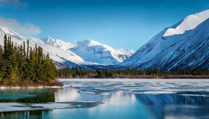 Snow-covered mountains with clear sky and partially frozen lake surrounded by trees, reflecting things learned embarrassingly late.