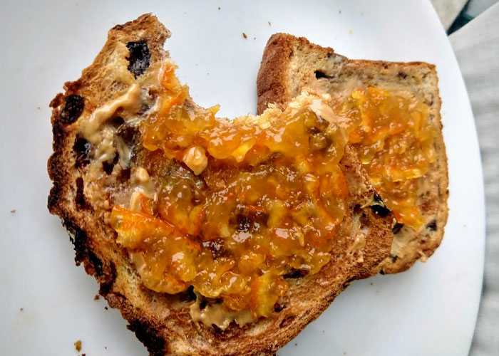 Two slices of raisin bread toasted with peanut butter and marmalade spread on a white plate showing modern food preferences.