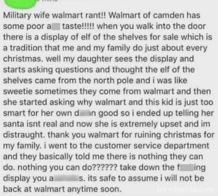 Parent rant about Walmart elf display upsetting child highlights outrageous demands parents make just because they have kids.