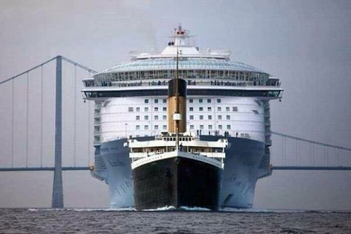 Front view comparison of two large ships on the water showcasing variety in size and design in comparison pics