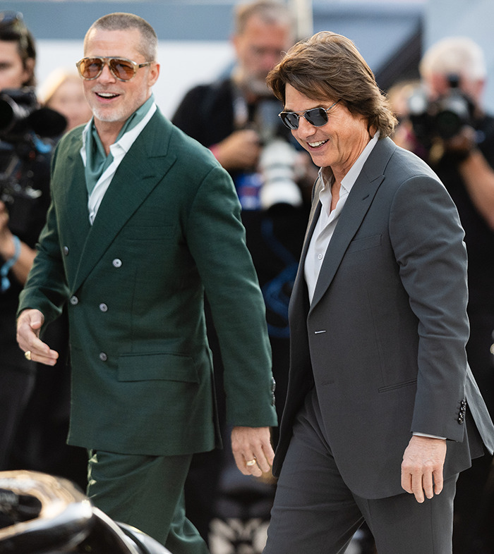 Brad Pitt and Tom Cruise at F1 premiere, sparking Tom Cruise botox rumors amid reunion with Brad Pitt.
