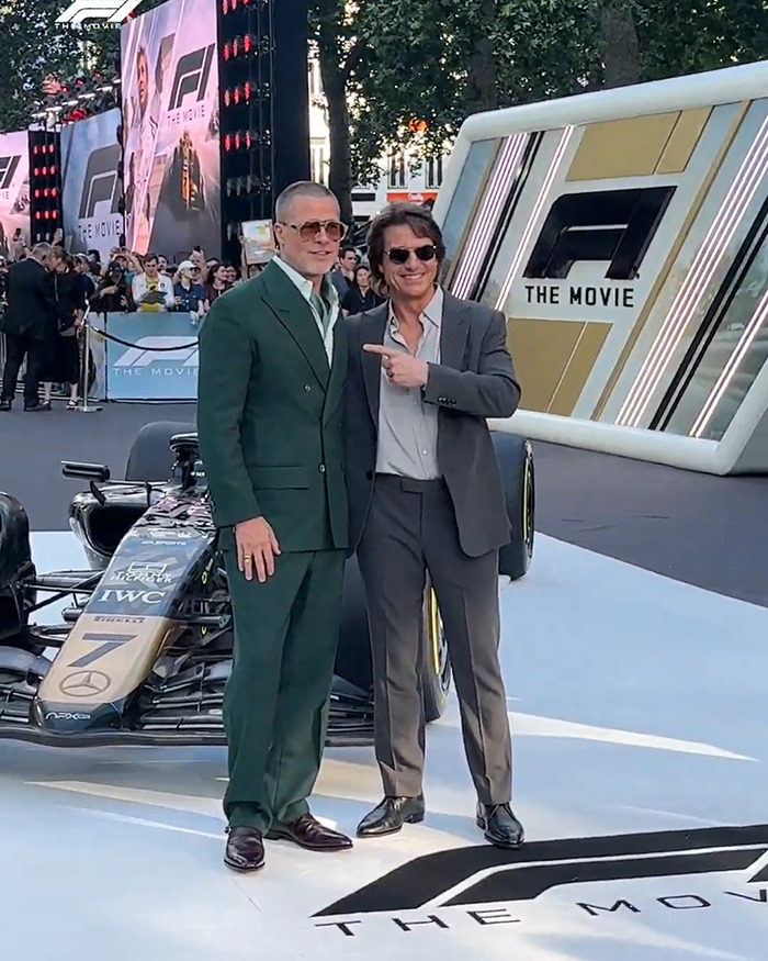 Tom Cruise and Brad Pitt posing at F1 movie premiere, sparking Botox rumors and celebrity reunion buzz.
