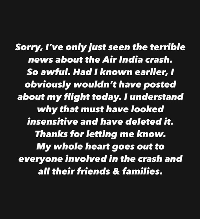 Apology post from a star addressing insensitive content after Air India tragedy and expressing condolences to victims' families.