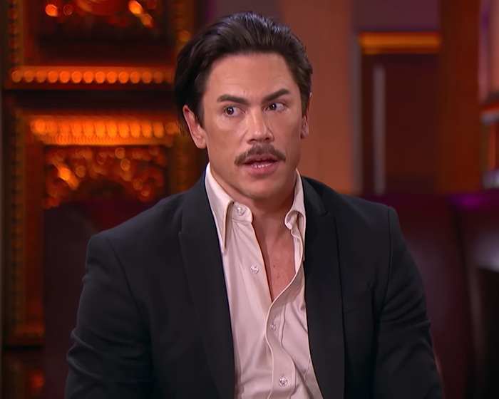 Tom Sandoval in a black blazer and beige shirt during a discussion about his America&rsquo;s Got Talent audition reaction.