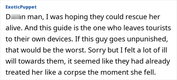 Comment expressing outrage over tourist abandonment near active volcano after final post goes viral online.