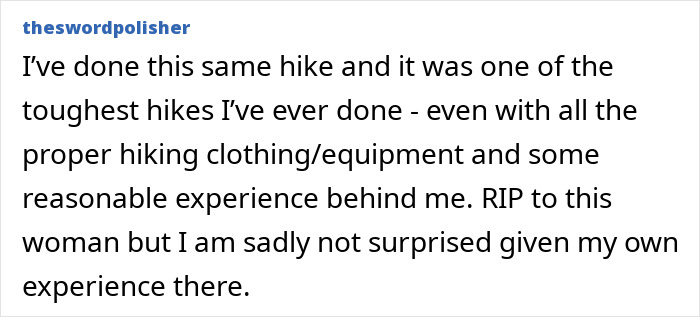 User comment discussing the difficulty of a hike at an active volcano and expressing sympathy for the abandoned tourist.