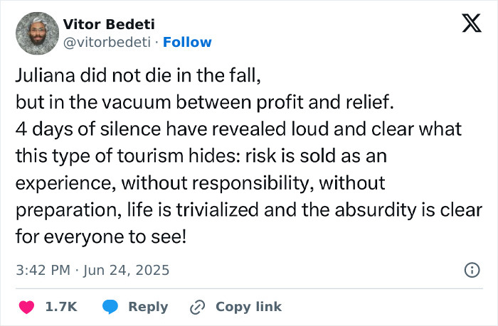 Tweet discussing outrage over tourism risks after tourist abandoned in active volcano, highlighting irresponsibility and lack of preparation.