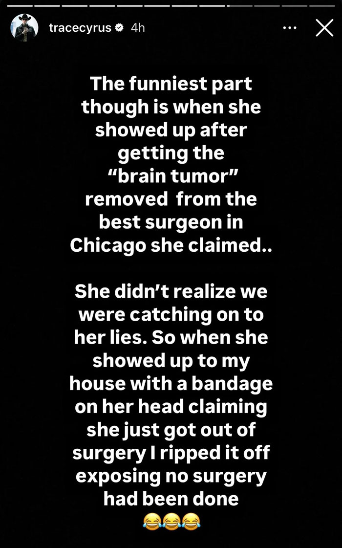 Trace Cyrus accuses ex Brenda Song of faking brain tumor surgery, pregnancies, abortion, and cancer in a social media post.