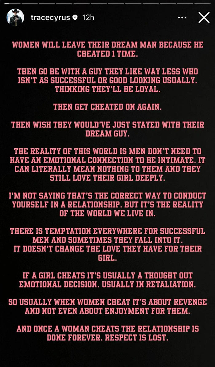 Trace Cyrus shares a lengthy statement on relationships and cheating amid accusations involving ex Brenda Song.
