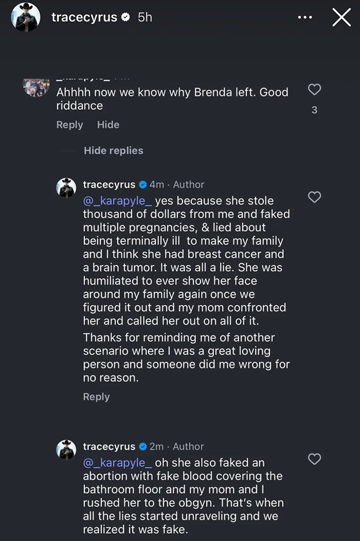 Trace Cyrus accuses ex Brenda Song of faking pregnancies, abortion, cancer, and lying to his family in social media comments.