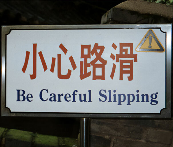 Baffling English translation on a caution sign displaying "Be Careful Slipping" with Chinese characters and warning symbol.