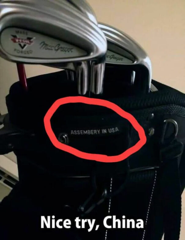 Golf clubs with a misspelled label highlighting funny and baffling uses of English in product translations.