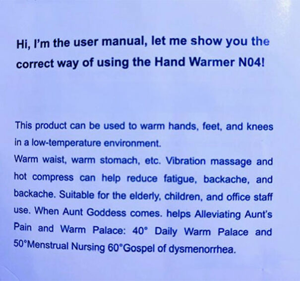 User manual with funny and baffling English translation errors explaining hand warmer usage and benefits.