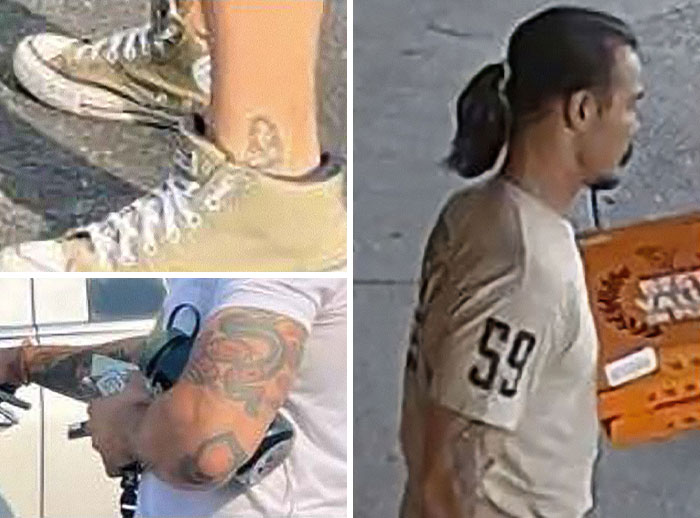 Man with tattoos and a ponytail carrying a box, close-up of tattooed arm and beige shoes at a crime scene with blood evidence.