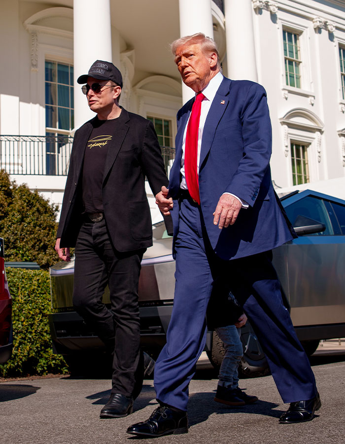 Elon Musk and the President walking outside a government building amid Elon Musk&rsquo;s feud sparking interest in sister&rsquo;s romance service.