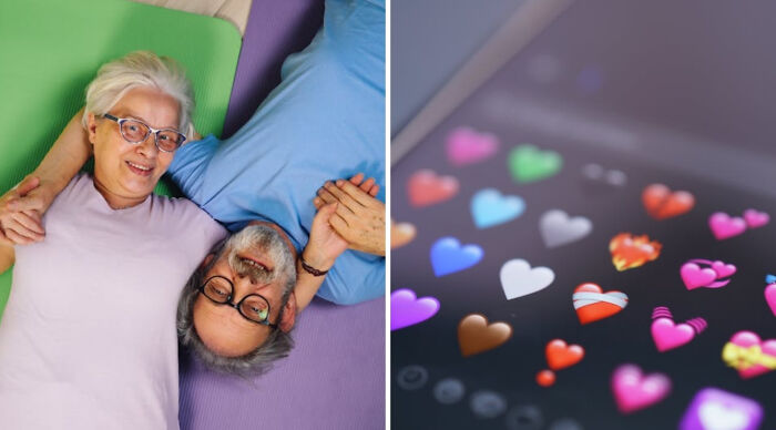 Smiling older couple lying on colorful mats beside a phone screen displaying heart emojis for a truth or dare poll.