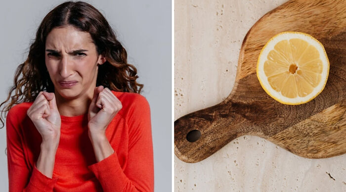 Woman in red sweater making a hesitant face beside a wooden cutting board with a lemon slice in a truth or dare poll setting