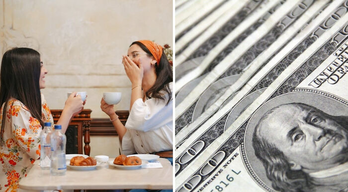 Two women laughing and drinking coffee at a table beside a close-up of stacked 100 dollar bills for a Truth Or Dare poll.