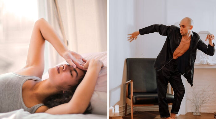 Woman lying on bed with hand on forehead and a man dancing indoors, illustrating a truth or dare poll scenario.