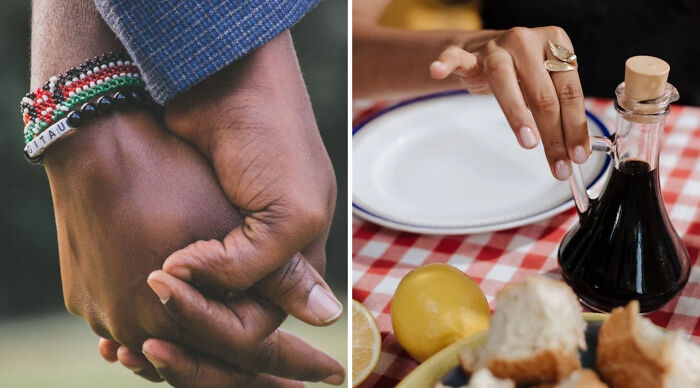 Close-up of two people holding hands next to a table setting featuring bread, lemon, and a hand pouring from a bottle in a truth or dare poll context.